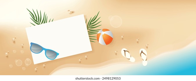 White paper space, summer yellow hat, beach ball, coconut leaf, sunglasses, flip flop, on sand beach background banner design, Eps 10 vector illustration
