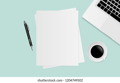 White paper with space for text with laptop, coffee cup and pen on green background. Vector illustration
