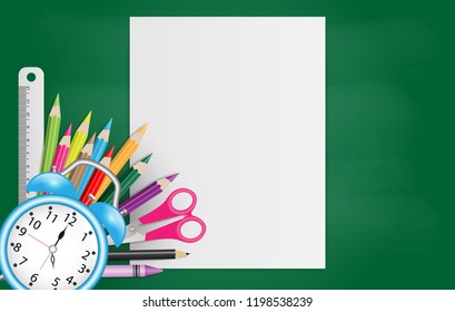 White paper and space for text with school supplies on chalkboard, Back to school concept . Vector illustration