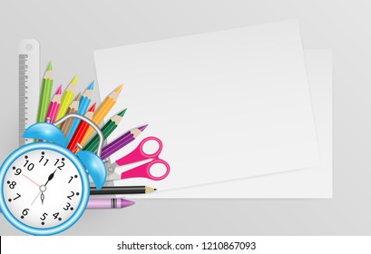 White paper and space for text with school supplies on gray background, Back to school concept . Vector illustration
