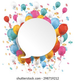 White paper speech bubble with colored balloons and percents on the white. Eps 10 vector file.