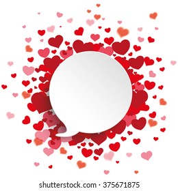 White paper speech bubble with red hearts on the white background. Eps 10 vector file.