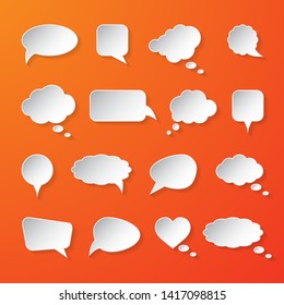 White paper speech bubbles on orange background. Vector illustration.