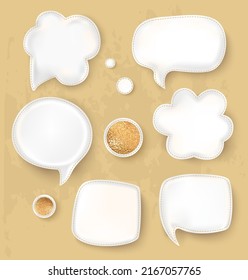 White paper speech bubbles on a beige background. Universal set. Abstract design. Vector illustration.