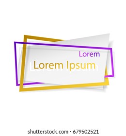 White paper sticker with crossed gold and purple frames, isolated on white background with lettering. Space for text. Vector illustration. Elements for poster, card, web, design.