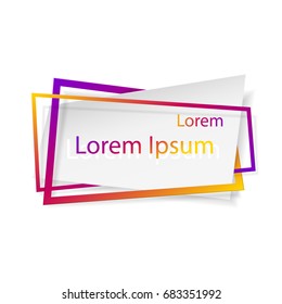 White paper sticker with crossed gradient, gold, purple, pink frames, isolated on white background with green lettering. Space for text. Vector illustration. Elements for poster, card, web, design.