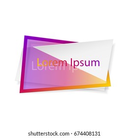 White paper sticker crossed purple, gold, pink abstract glass frame, isolated on white background with lettering. Space for text. Vector illustration. Elements for poster, card, web, design.