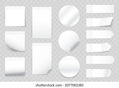 White paper sticker set vector illustration. 3d realistic adhesive blank page with curl corner template, sticky memo label note of round circle rectangle square shape on transparent background