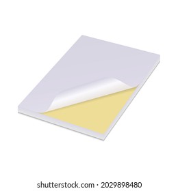 White paper sticker, yellow post note, sticky adhesive blank. Vector memo tag template, isolated notice page. Important memory pin tip. Empty curved sheet, office notepaper