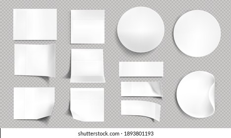 White paper stickers, blank square, round and rectangle sticky notes. Vector realistic set of empty labels with bent and folded corners, adhesive tags isolated on transparent background