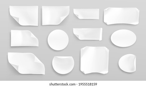 White paper stickers or crumpled glued patches mockup. Blank shrunken labels of different shapes round, square, oval and rectangular wrinkled emblems with curve edges, Realistic 3d vector icons set
