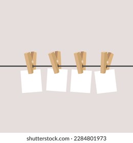 White paper stickers hang on a rope with a clothespin.clothes pegs hanging blank post it. Vector illustration.