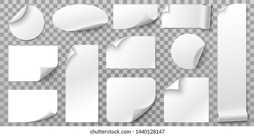 White paper stickers. Label sticker with curled corners, curve papers edge and blank tag. Book or magazine sheet, paper logo or memo sticker. Isolated 3D realistic vector symbols set