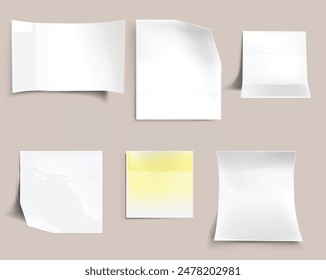 White Paper Aufkleber Set aus verschiedenen Formen mit Schatten und gefalteten Kanten, Tags, Haftnotizen Vektorgrafik Hintergrund.