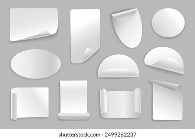 White paper stickers set elements in flat graphic design. Bundle objects of rectangular, oval, round shapes of adhesive tags with curled corners, blank labels with curve edges. Vector illustration.