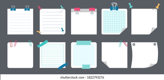 White paper sticky note set. Blank notes with elements of planning. Notebook collection with curled corners, push pins. Various tag business office, writing reminds. Isolated vector illustration