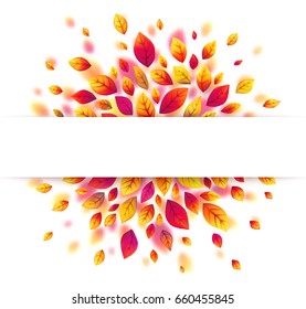 White paper stripe banner on purple autumn leaves vector background