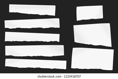 Las tiras de papel blanco con bordes rotos en posición Horizontal, papel para nota están sobre fondo negro. Ilustración vectorial