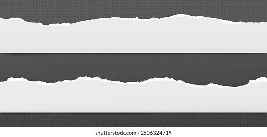 White paper strips with torn edges and soft shadow are on black background for text or ad.