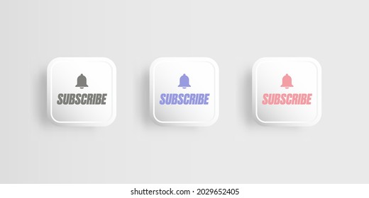 White paper subscribes button with ring bell isolated on stylish grey background. Subscribe banner template with white paper Subscribe video channel button 