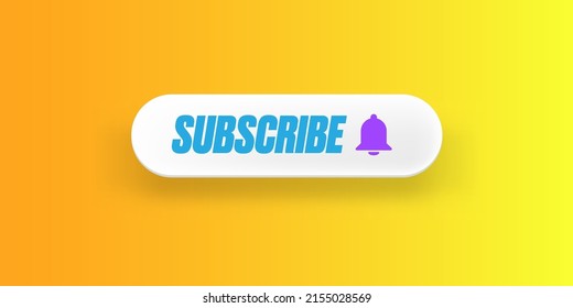 El papel blanco se suscribe a un botón con timbre de anillo aislado en un elegante fondo naranja. Suscripción a la plantilla de banner con papel blanco Suscripción al botón de canal de vídeo