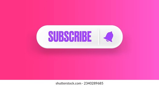 White paper subscribes button with ring bell isolated on stylish pink background. Subscribe banner template with white paper Subscribe video channel button