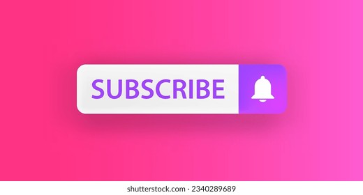 White paper subscribes button with ring bell isolated on stylish pink background. Subscribe banner template with white paper Subscribe video channel button