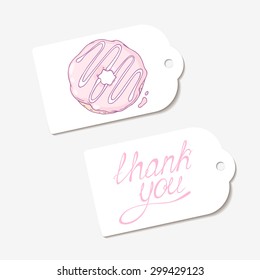 White paper tags. THANK YOU hand drawn lettering sign and sketched donut. Design for cafe, coffee and pastry shop, bakery. Vector illustration