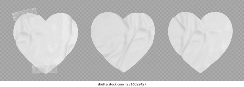 White paper tape heart sticker for love note collage isolated on transparent background. 3d realistic stick label piece for text announcement or advertisement adhesive craft decoration collection.