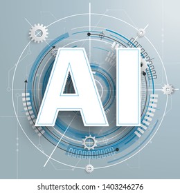 White paper text AI on the gray background with circuit board. Eps 10 vector file.