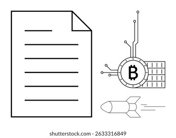 A white paper with text lines is shown next to a Bitcoin symbol with digital circuitry and a rocket. Ideal for blockchain, cryptocurrency, digital economy, technology innovation, finance trends