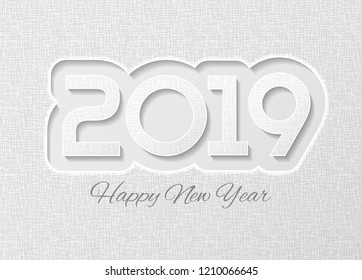 White paper textured realistyc 2019 card design. Paper cuted surface. New year invitation classic concept. Vector illustration