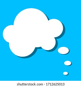 White paper thought bubble on blue background. Cloud speech frame icon. Think balloon silhouette design. Vector illustration.
