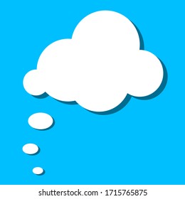 White paper thought bubble on blue background. Cloud speech frame icon. Think balloon silhouette design. Vector illustration.
