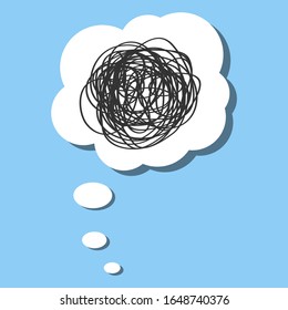 White paper thought bubble with tangled line on blue background. Cloud speech frame icon. Think problem balloon silhouette design.