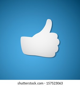 White paper thumb up vector icon with shadow on blue background.