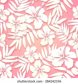 White paper tropical flowers on pink background, vector seamless pattern