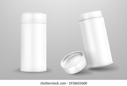 White paper tube, cardboard cylinder box with closed and open cap. Vector realistic mockup of carton round container, blank package tubus for food isolated on gray background