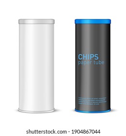 White Paper Tube With Plastic Lid For Chips Or Other Snacks. EPS10 Vector