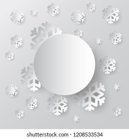 White paper vector snowflake on white ornate background with merry christmas phase text