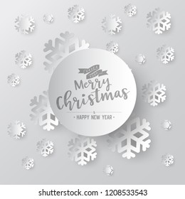 White paper vector snowflake on white ornate background with merry christmas phase text