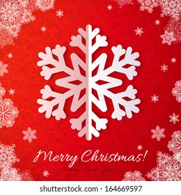 White paper vector snowflake on red ornate background