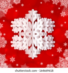 White paper vector snowflake on red ornate background