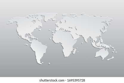 White paper world map. 3d atlas Earth with continents america, europe, asia, africa. Graphic planet with shadow. Politic cartography on gray background. Modern geography for education. Grey vector