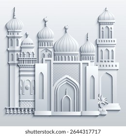 Ilustração vetorial em estilo de papel branco de uma cidade oriental com cúpulas, torres e minaretes. Perfeito para projetos temáticos árabes, islâmicos e de contos de fadas. Não é IA