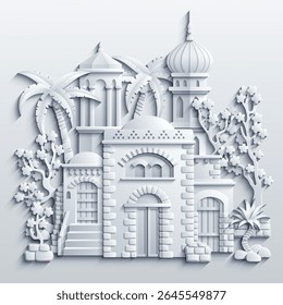 Ilustração vetorial em estilo de papel branco de uma cidade oriental com cúpulas, torres e minaretes. Perfeito para projetos temáticos árabes, islâmicos e de contos de fadas. Não é IA