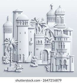 Ilustração vetorial em estilo de papel branco de uma cidade oriental com cúpulas, torres e minaretes. Perfeito para projetos temáticos árabes, islâmicos e de contos de fadas. Não é IA
