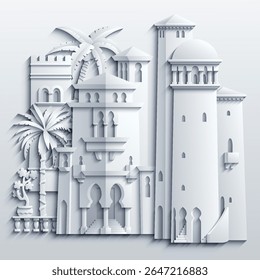 Ilustração vetorial em estilo de papel branco de uma cidade oriental com cúpulas, torres e minaretes. Perfeito para projetos temáticos árabes, islâmicos e de contos de fadas. Não é IA