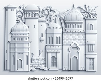 Ilustração vetorial em estilo de papel branco de uma cidade oriental com cúpulas, torres e minaretes. Perfeito para projetos temáticos árabes, islâmicos e de contos de fadas. Não é IA