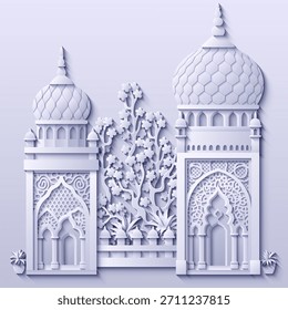 Ilustração vetorial em estilo de papel branco de uma cidade oriental com cúpulas, torres e minaretes. Perfeito para projetos temáticos árabes, islâmicos e de contos de fadas. Não é IA